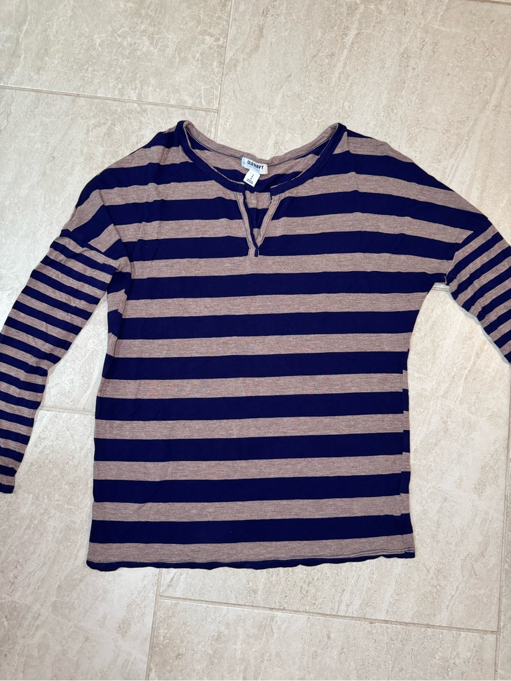 Old Navy Navy and Taupe Striped Long Sleeve Henley Top